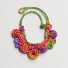 Flower crochet necklace colorful statement jewelry with bamboo beads OOAK