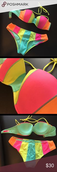 PINK Victorias Secret Rainbow Stripe Y Back Push Up Triangle Bikini Top XS M L