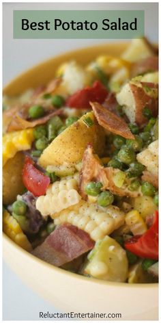 Best Potato Salad recipe for picnics (with fresh corn, bacon, peas, chives!) is the ultimate spring and summer potluck, or side dish to bring to any party!