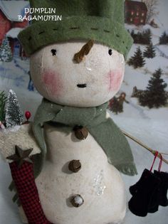 PATTERN Primitive Black Doll w// Christmas Santa Claus Hat /& Snowman Angel Ornie
