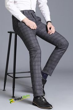 Party Business Plaid Dress Pants Men Slim Fit Fashion Sanding Long Trousers FT
