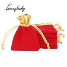 50pcs Golden Trim Drawstring Jewelry Pouches Velvet Gift Bags Wedding Favor
