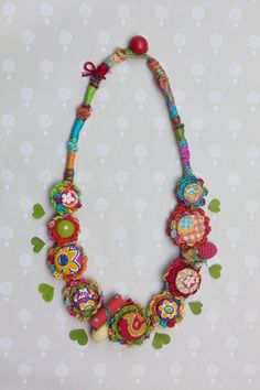 Flower crochet necklace colorful statement jewelry with bamboo beads OOAK