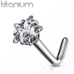Fifth Cue Prong Set Square Diamond CZ Solid Grade 23 Titanium L Bend Stud Nose Ring