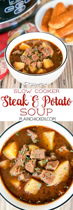 Slow Cooker Steak and Potato Soup - AMAZING! Everyone loved this easy soup!! Just dump everything in the slow cooker and let it do all the work. Stew meat, onion, yukon gold potatoes, beef broth, steak sauce, chili powder, cumin, cayenne pepper and parsley. Serve with cornbread for an easy and delicious weeknight meal guaranteed to please everyone!