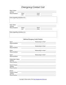 emergency contact information sheet