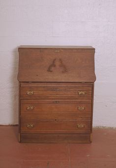 Antique Colonial Oak Writing Desk Maple Leaf Carvings Furniture Antique Oak Beaureau Secretary 3 Drawer Desk