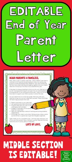 EDITABLE End of Year Letter for Parents (Color & Black