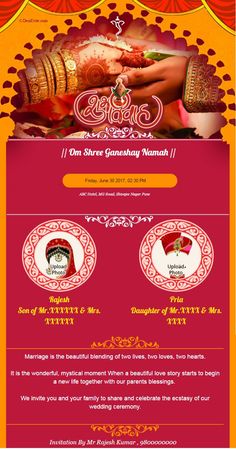 Create and Download a Indian wedding invitation card instantly. You can add Wedding Date, Location, Groom & Bride Name. Cards can be made in English, Hindi, Marathi, Kannada, Gujarati  , Punjabi, Malayalam,Tamil, Telugu. Instagram, Cardio, Indian Wedding Invitation Wording, Hindu Wedding Invitation Wording