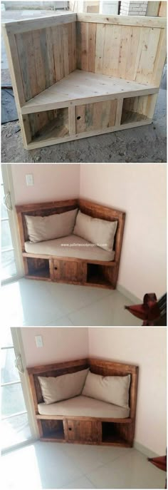 How adorably this corner seat designing has been style up for your house all through the finest use of the pallet into it. This seat project looks so pleasant and can come up to be the lounge area of room as well. This does comprise the simple and easy to build settlement. Diy Home Decor On A Budget, Diy Home Decor Easy, Diy Pallet Projects, Diy Home Decor Bedroom, Diy Home Decor, Wood Diy