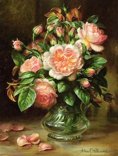 English Elegance Roses In A Glass Print By Albert Williams Принты Для Плакатов, Художественные Советы, Цвета Краски, Натюрморт, Изобразительное Искусство, Окрашенные Цветы, Работы, Расписные Вазы, Цветочные Вазы