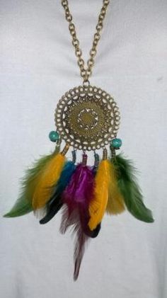 Collar Largo Colgante de plumas de gran botella vintage latón Aqua//Durazno Boho Hippy