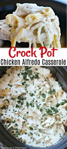 Try this easy crock pot chicken Alfredo casserole recipe - This Chicken Alfredo pasta in the crock pot is delicious and packed with flavor! Try it today. #eatingonadime #recipeoftheday #chickenalfredo #chickenalfredopasta #chickenalfredorecipe #chickenalfredoeasy #crockpotchickenalfredo #crockpotchickenalfredopasta #crockpotchickenalfredorecipe