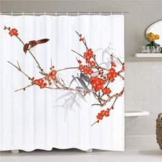 GoHeBe Natural Spring Flowers Shower Curtains Cherry Blossoms with Leaves in White Mildew Resistant Polyester Fabric Bathroom Bath Curtain Shower Curtain Hooks Included 71X71in