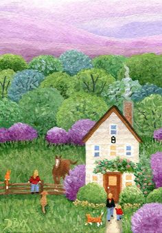 Giclee ACEO folk art print landscape Spring gardens crops country farm chickens
