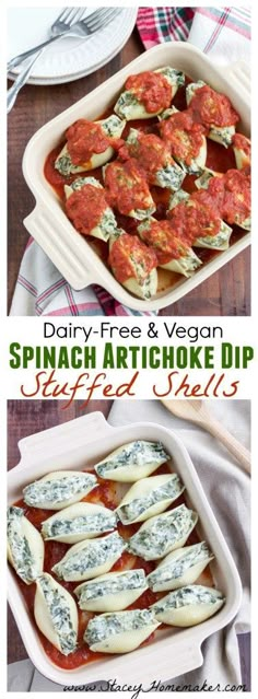 Stuffed shells filled with our favorite dairy-free spinach artichoke dip. Can you guess what the secret ingredient is that I used to make the filling extra creamy and dairy-free? Vegan. Easy Vegan, Easy Healthy