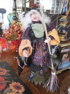 fancy halloween decoration standing witch doll figurine broom mice scary gal ebay
