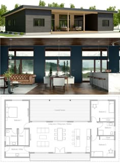 Petite Maison Small House Design Plans, House Plans Open Floor, U Shaped House Plans, L Shaped House Plans, House Layout Plans, Small House Layout, Small House Floor Plans, Rectangle House Plans, Cabin House Plans Open Floor