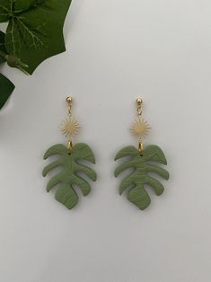 Embossed Lotus Jade and Gold Statement Polymer Clay Earrings for Spring Summer