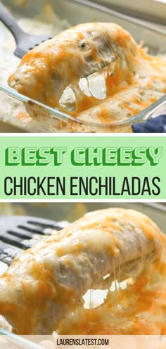 Try my easy recipe for the best creamiest cheesy chicken enchiladas! This Texmex restaurant favorite is filled with lots of chicken, cheese and my secret ingredient, Queso! They are simple to make and loved by everyone. #dinner #texmex
