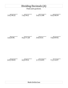 best decimal division images dividing decimals percents school the dividing decimals by digit tenths a math worksheet from the decimals
