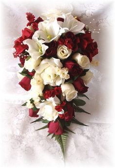 Small Cascading Bouquet With Red Garden Roses Seeded Eucalyptus 2pc Silk Wedding Bridal Bouquet Roses Lily Flower Burgundy Cream Ivory