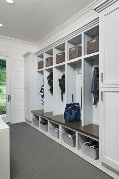 14 Great Wood Lockers Images Entry Hallway Mud Rooms Long Mudroom Features Closed Cabinets Flanking Open Lockers One For Each Family Member Lined With Gray Woven Baskets Over Coat Hook And Galvanized