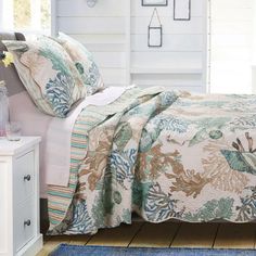 SHELLS AQUA BEACH HOUSE COASTAL COVELET BLUE WATERCOLOR WAVES 6pc QUILT SET