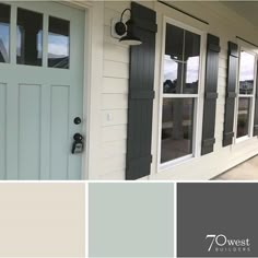 exterior paint colors- SW Oyster White, Peppercorn, and Copen Blue Exterior Paint Colors For House, Paint Colors For Home, Paint Colours, Blue Colors, Cream Exterior House Color, White House Door Color Ideas, White And Black House Exterior, White House Black Shutters Green Door