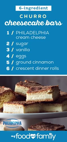 Churro Cheesecake Bars – Churro, meet cheesecake! Coming together to create a delicious dessert duo, your friends and family are sure to enjoy this cinnamony treat!