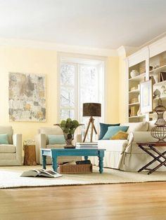 Pale Yellow Living Room Glidden Candle Glow In 2018 For The Home Soft Yellow Walls Linen Colors Seating With A Splash Of Blue Very Soothing Living Room