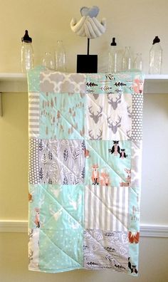 Modern Baby Quilt Pastel Rustic Woodland Blanket Handmade Mint Crib Bedding Nursery Qu