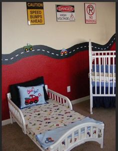 Oh What A Cool Idea I Will Have To Steal This For Aiden S Cars Easy Wall Paint Half Red And Road Lined Border Neat For Car Themed Nursery Add Our Transport Lampshade Ta Da