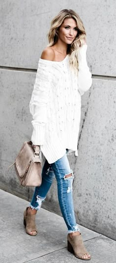 #fall #outfits White One Shoulder Knit + Destroyed Skinny Jeans + Beige Suede Open Toe Booties Jackets, Flats, Jeans, Skinny, Cotton Sweater