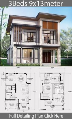 Home design plan 9x13m with 3 Bedrooms - #9x13m #Bedrooms #design #Home #plan #pores House Floor Plans, Three Bedroom House Plan, Two Story House Design, Small Modern House Plans, Model House Plan