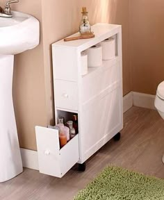 Slim Bathroom Storage Cabinet Rolling 2 Drawers Open Shelf Space Saver Slim Bathroom Storage Cabinet, Bathroom Organisation, Home Organization, Organizing Tips, Small Cabinet, Tiny Bathroom Storage, Bathroom Drawers, Vanity Drawers, Diy Vanity