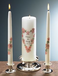 Personalized wedding candle ring with silver heart and purple orchids