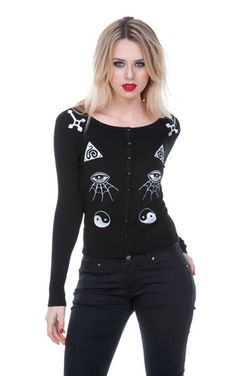 VOODOO VIXEN OCCULT SYMBOLS CARDIGAN UK S M L XL BLACK ROCK ROCKABILLY PINUP