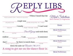 Why Rsvp Mad Libs Are Winning Wedding Handmade And Here Is A Copy Of Ours Except Mad Lib Style Then I Putting The Name Card On Diffe Colored Paper To Identify Which One Purple Pink