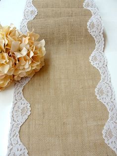 Burlap Table Runner With White Scalloped Lace Wedding Rustic Romantic Handmade In The USA Burlap Table Runner With White Scalloped Lace Wedding Rustic Romantic Handmade In The USA