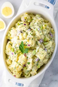 A creamy All-American potato salad recipe perfect for summer barbecues and picnics. Tender russet potatoes and traditional ingredients for a tasty side dish. #potatosalad #sidedish #potluck #vegetarian