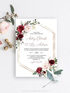 Printable Flower Wedding Invitations Blush Floral Wedding Invitation Set Do-It-Yourself Romantic Pink Peonies Roses Angela