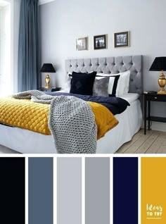 The combination of grey, black with a hint of mustard and air force blue, makes this scheme work without being overpowering. Bedroom Décor, Bed Sets, Twin Bed, Bedroom Color Schemes, Bedroom Inspirations, Bedroom Design