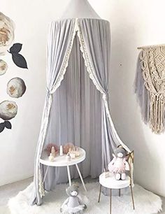 Gray LOAOL Kids Bed Canopy with Pom Pom Hanging Mosquito Net for Baby Crib Nook Castle Game Tent Nursery Play Room Decor