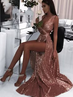 2019 Charming Sexy Sequin Sparkly Simple Rose Gold and Black Split Fashion Popular Prom Dresses, Evening dresses, TYP1121 Rose Gold Prom Dresses, Beaded Prom Dress, Long Prom Dresses