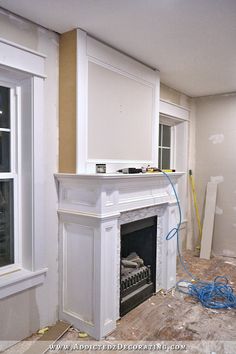 Such an easy way to do a DIY farmhouse style fireplace makeover on a budget with shiplap above the mantle and using stone tile and ply wood | Pinterest | Ply w… Such an easy way to do a DIY farmhouse style fireplace makeover on a budget with shiplap above the mantle and using stone tile and ply wood