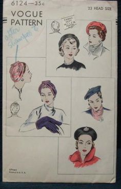 Hats Flower WIG BUCKET Veil SNOOD Vtg 1940s Butterick 8880 Fabric Sewing Pattern