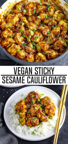 Skip the takeout and make a lighter version at home. This Sticky Sesame Cauliflower is battered and baked to perfection then smothered in a spicy, sticky-sweet sauce. It's heavenly! #sesamecauliflower #veganfood #takeoutinspired Pizzas, Sticky Sesame Cauliflower