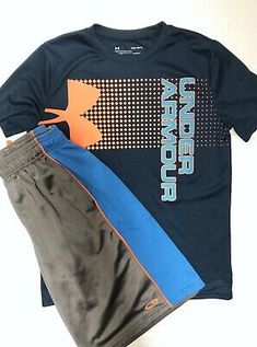 Boys Youth Under Armour HG Logo Polyester 2pc Shirt Short Set Baseball Blue NWT