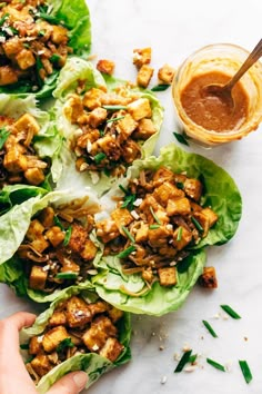 HELLO YUM. Firecracker Lettuce Wraps that are happily vegan - with crispy tofu bits, saucy brown rice noodles, and a creamy sesame sauce. #lettucewrap #vegan #tofu #veganlettucewrap #meatless #vegetarian | pinchofyum.com Foods, Cooking, Salads, Recettes Faciles, Diet, Cooking Recipes, Recetas, Wraps, Salad